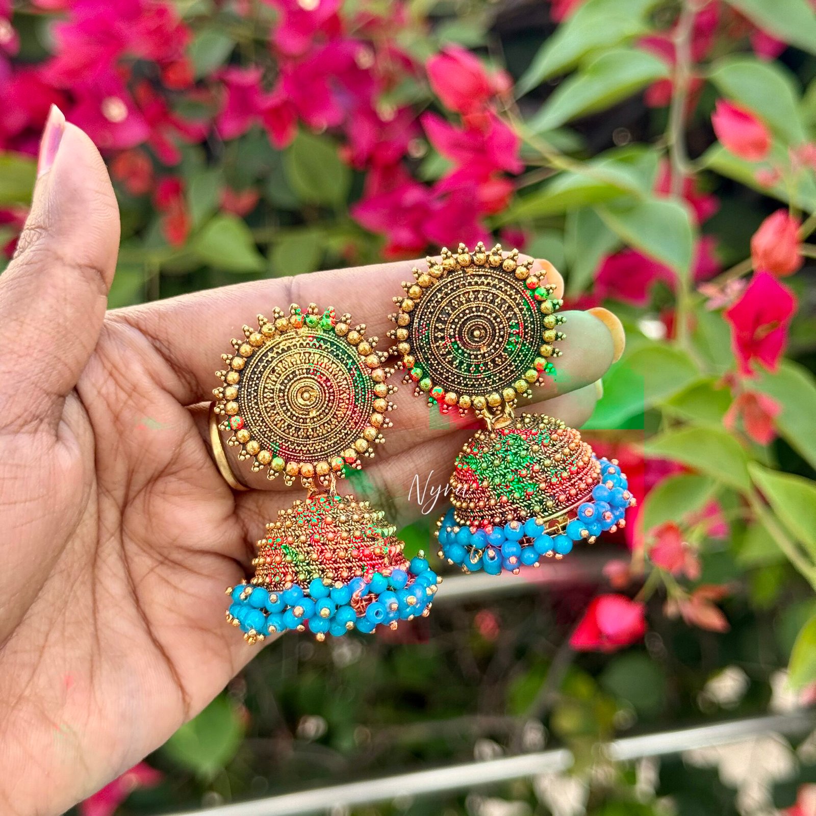 Antique Turquoise Beaded Statement Jhumka Earrings