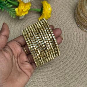 Border Glass Bangles - White kundan
