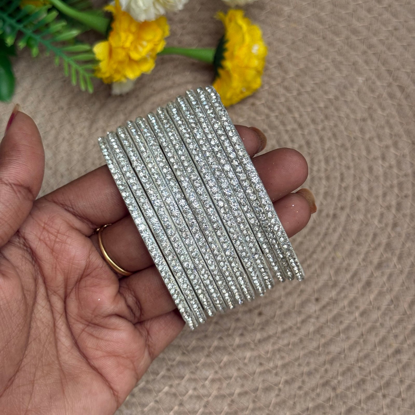 Border Glass Bangles - Full white glitter