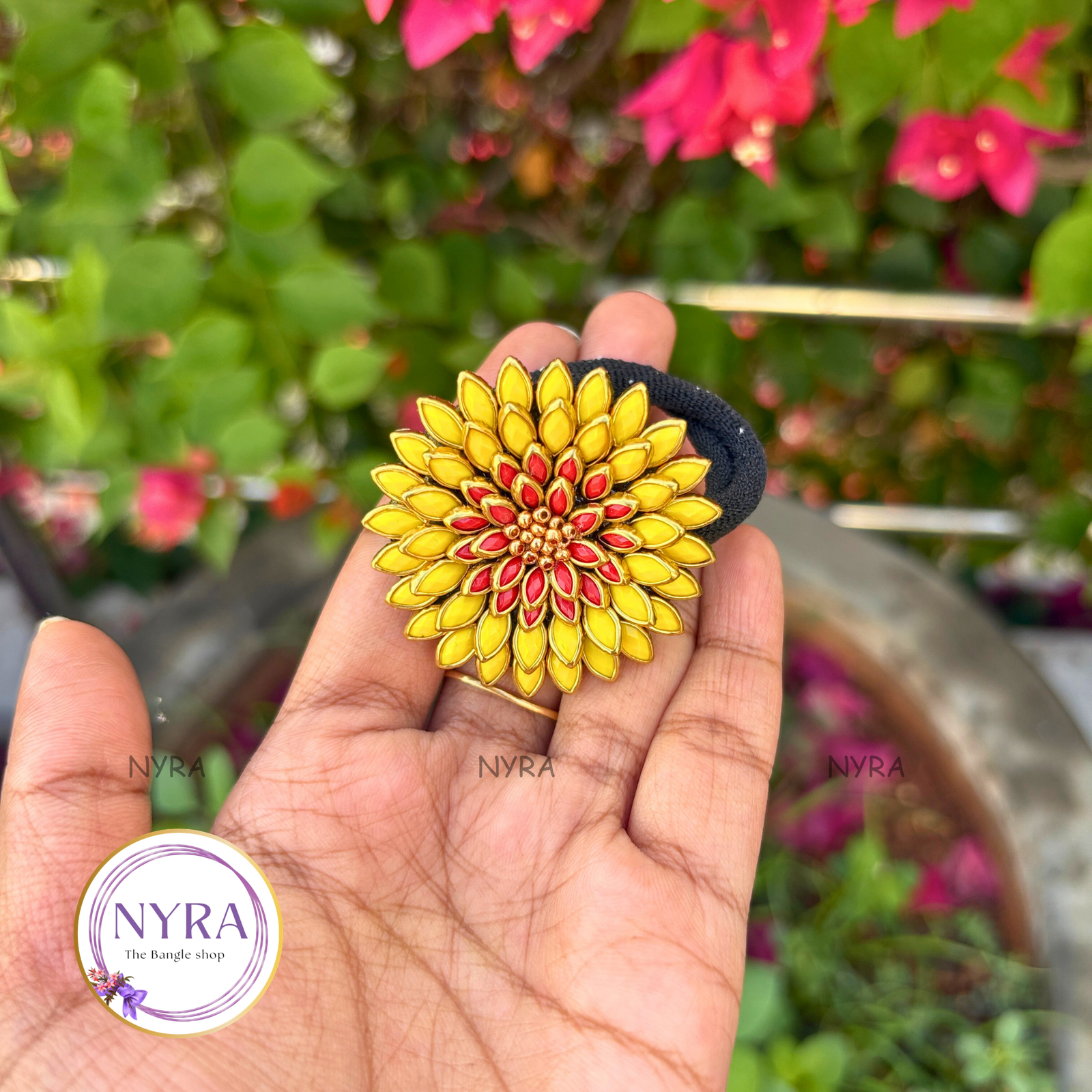 Kundan hair band - Yellow red petal