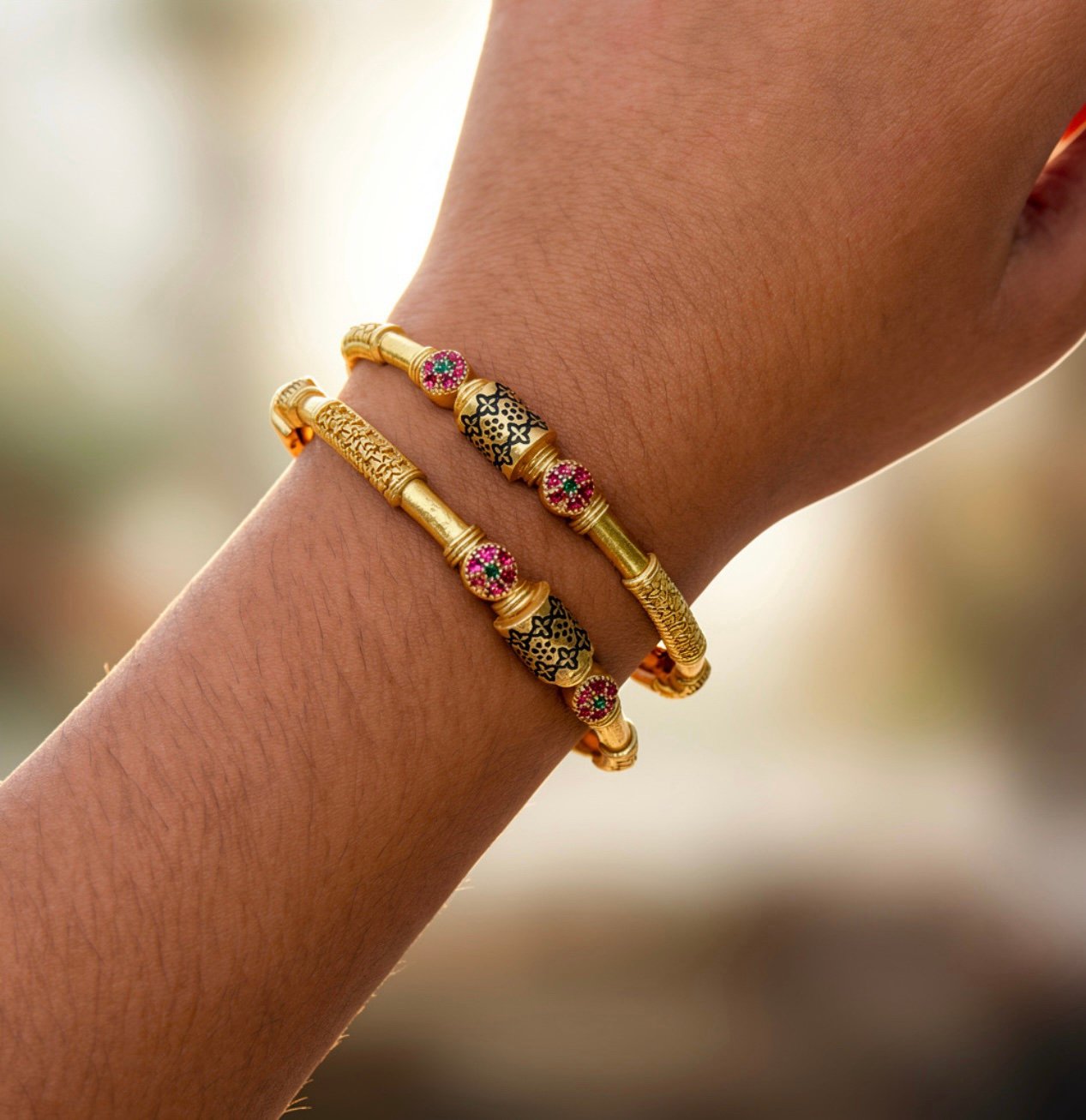 Antique Gold-Plated black enamelled Pink Stone bangle