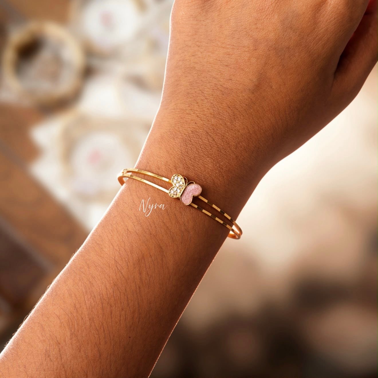 Elegant Pink Butterfly Gold-Tone Adjustable Bracelet