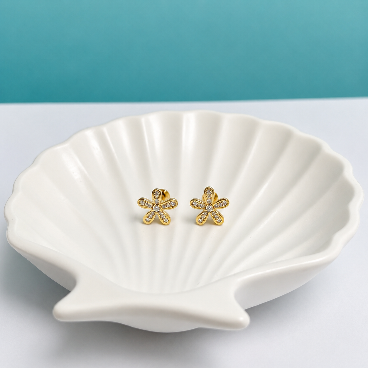 Small Gold Flower Crystal Stud Earrings - Image 2