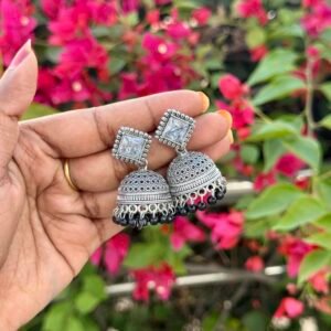 Oxidised Silver white stone Jhumka