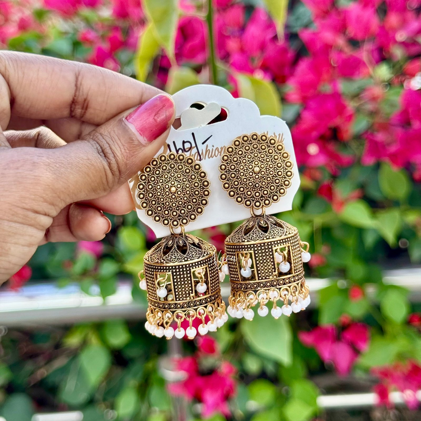 Traditional white pearl hanging Jhumka