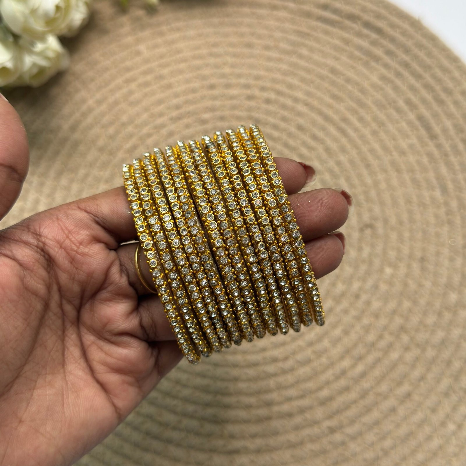 Border Glass Bangles - white moon border