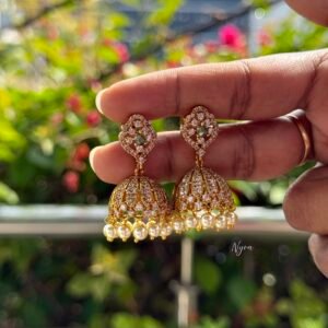 Elegant Green Stone Gold-Tone Jhumka Earrings
